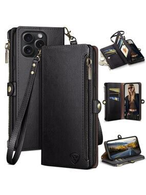 16 Pro Max 6.9" Wallet case with Zipper Credit Card Holder RFID Blocking Black